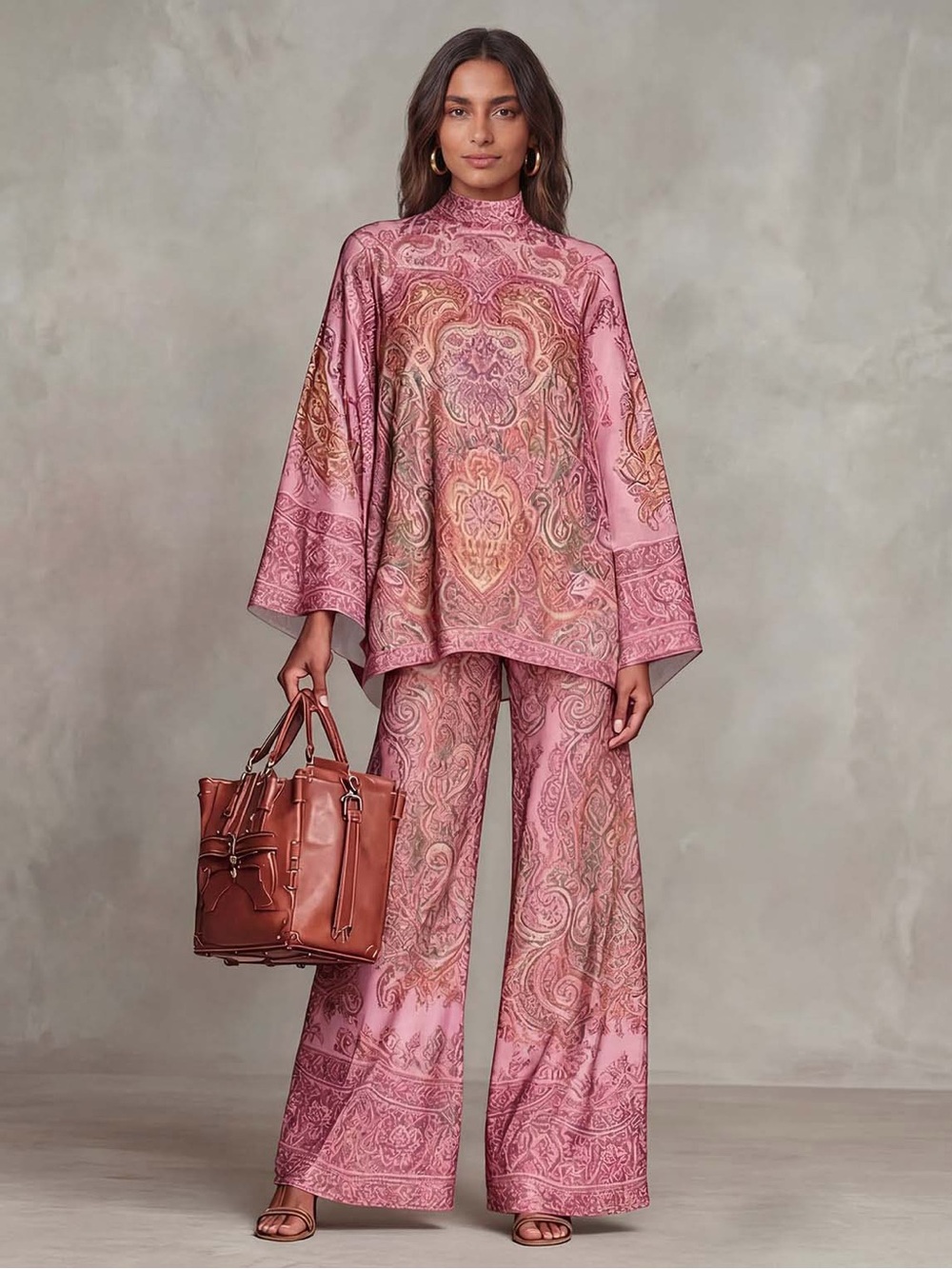 Pink Paisley-Print Wide-Leg Pants and Tunic Set